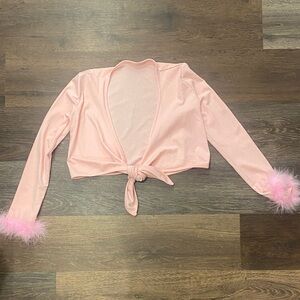 Source Unknown Pink Tie-Front Jacket with Feather Cuffs